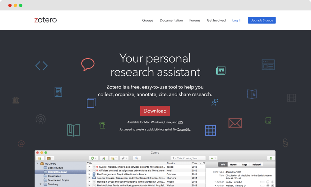 A página inicial do Zotero