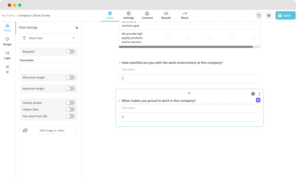 Adicione suas perguntas sobre a cultura da empresa