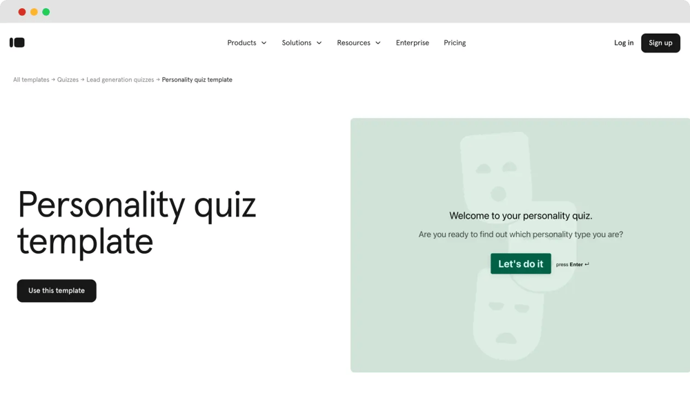 Personality quiz template of Typeform