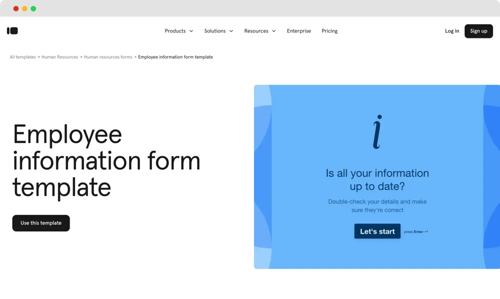 Employment form template of Typeform