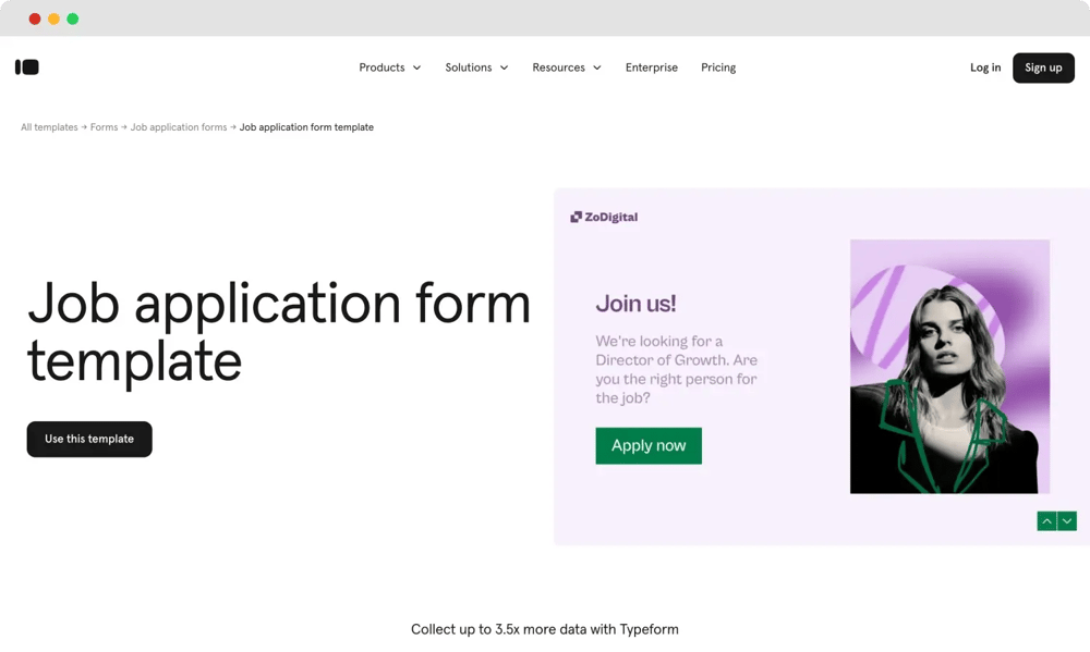 Job application form template of Typeform