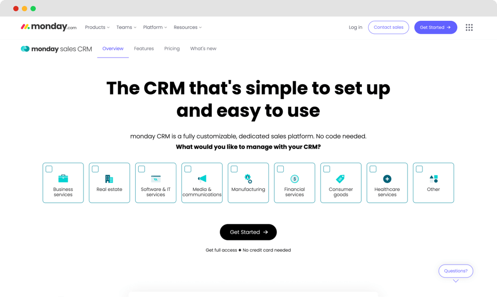 Die Homepage von monday Sales CRM