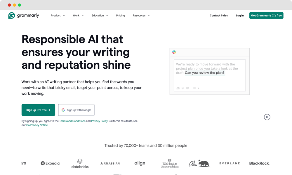 Die Homepage von Grammarly