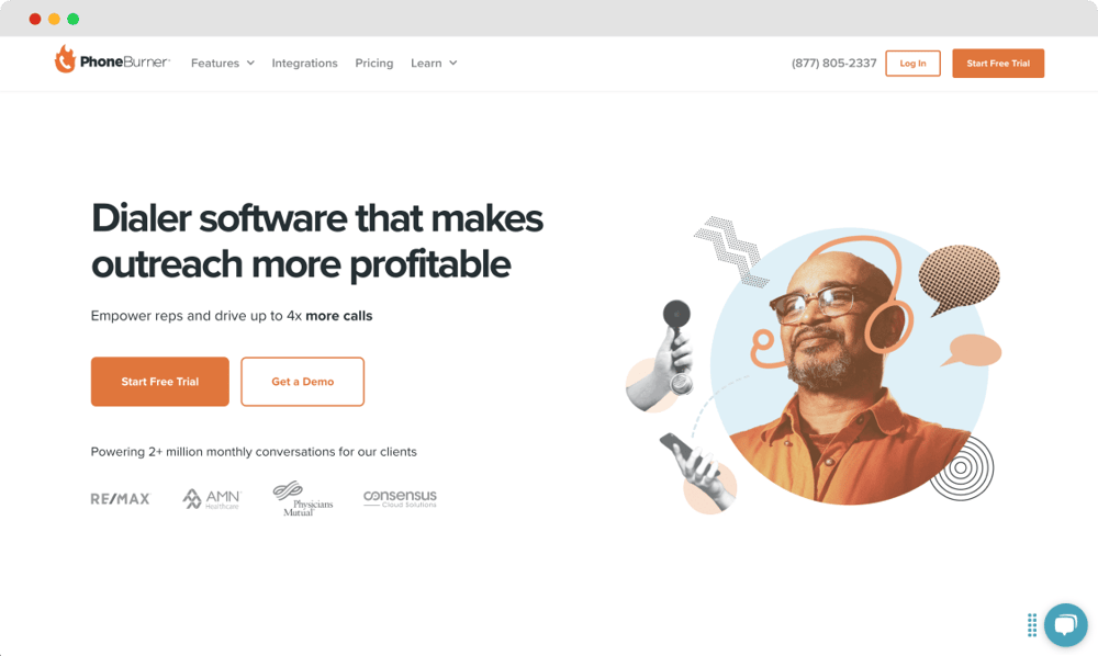 La página de inicio de PhoneBurner