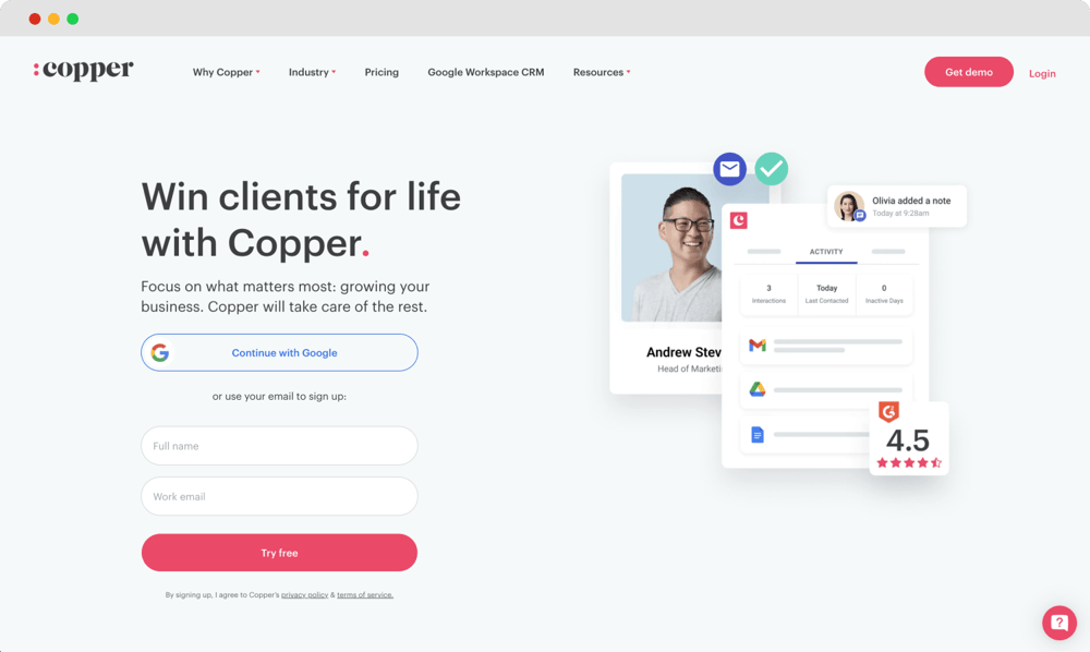 La página de inicio de Copper