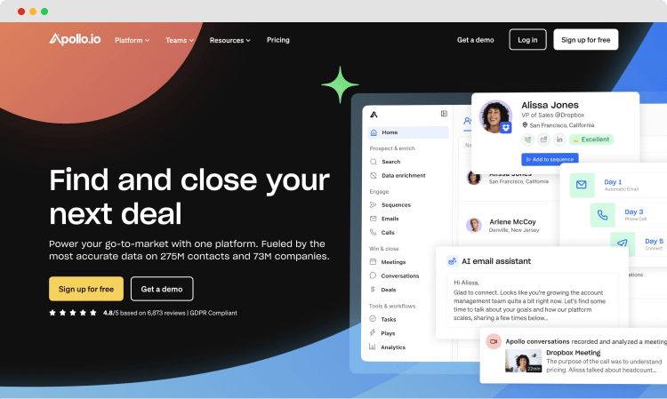 La página de inicio de Apollo.io