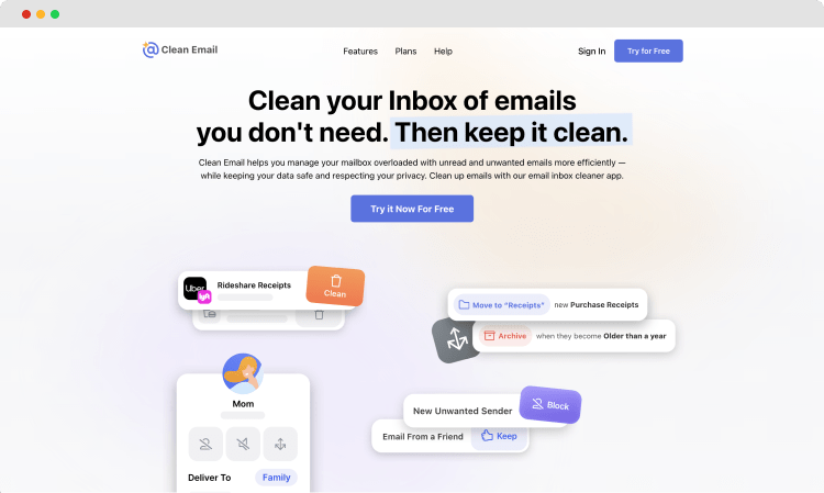 La página de inicio de Clean Email