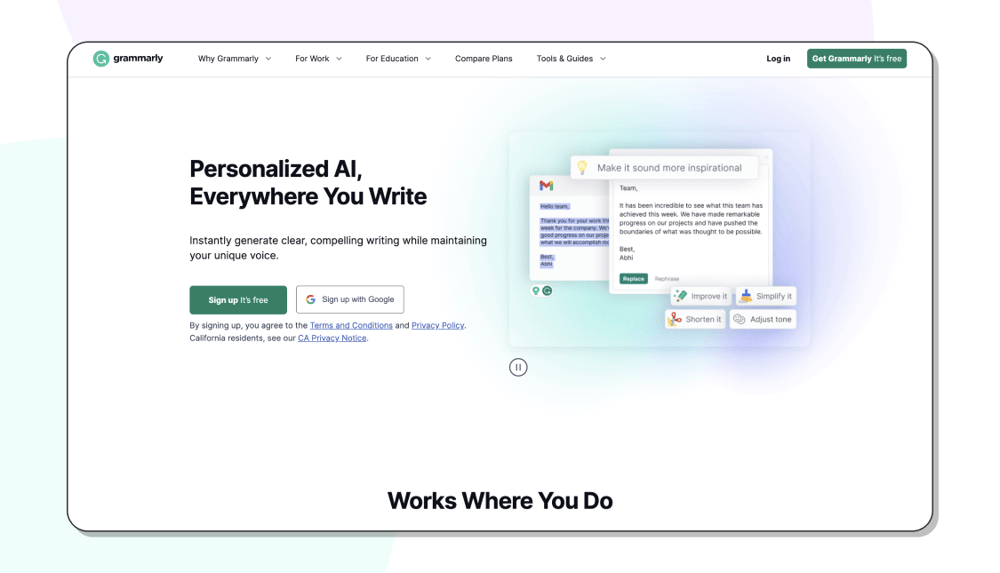 The homepage of Grammarly