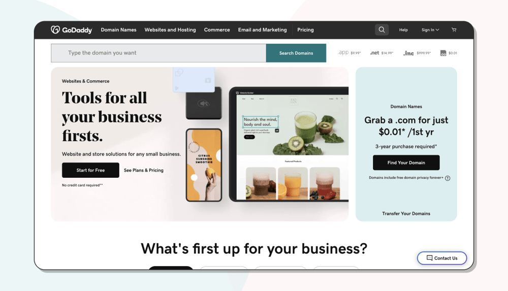 The homepage of GoDaddy