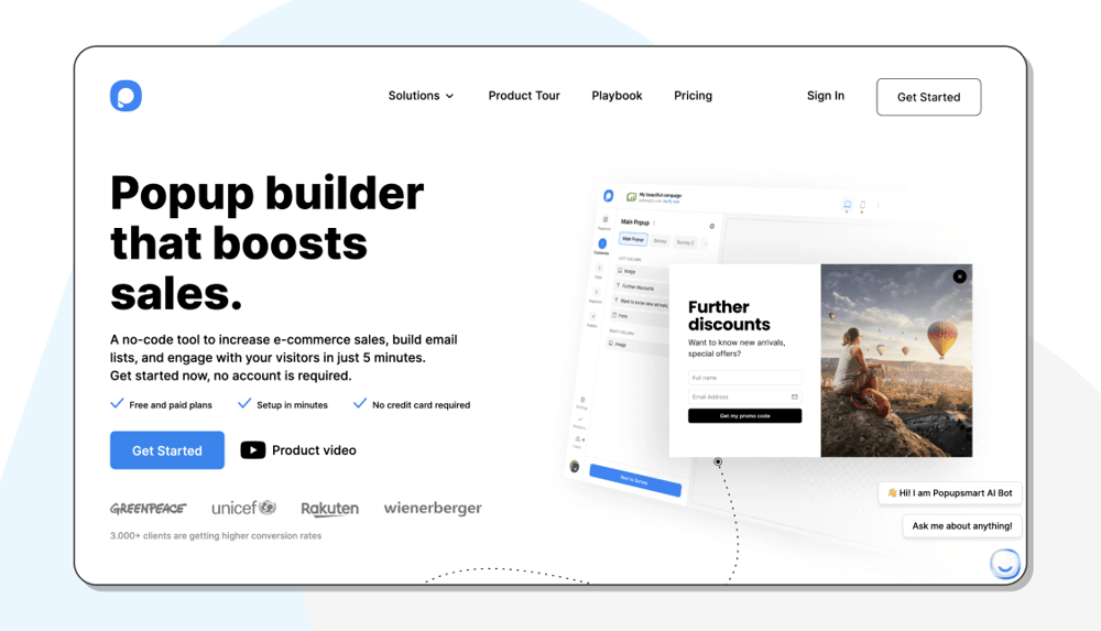 The homepage of Popupsmart