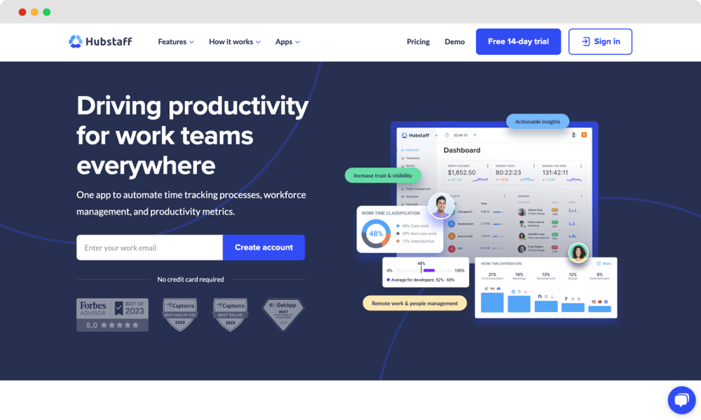 The homepage of Hubstaff