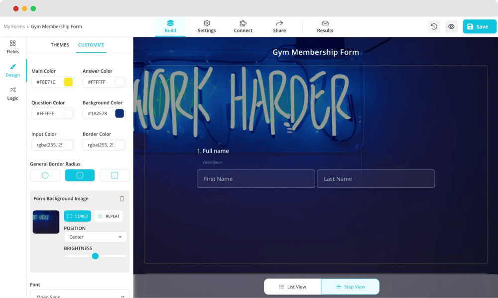Alterar o design do formulário de inscrição no ginásio