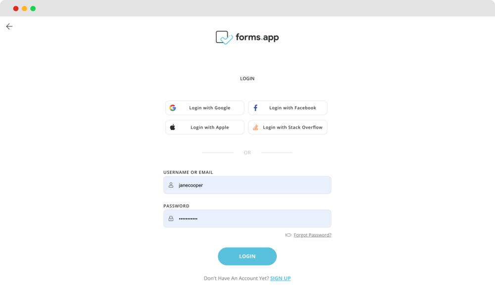 The sign-in page of forms.app