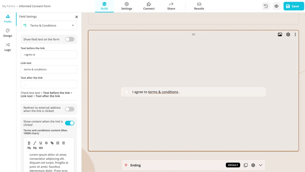 The terms &amp; conditions field in forms.app