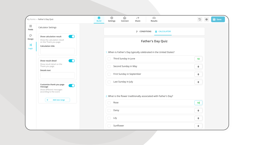 Use o recurso de calculadora para o seu questionário