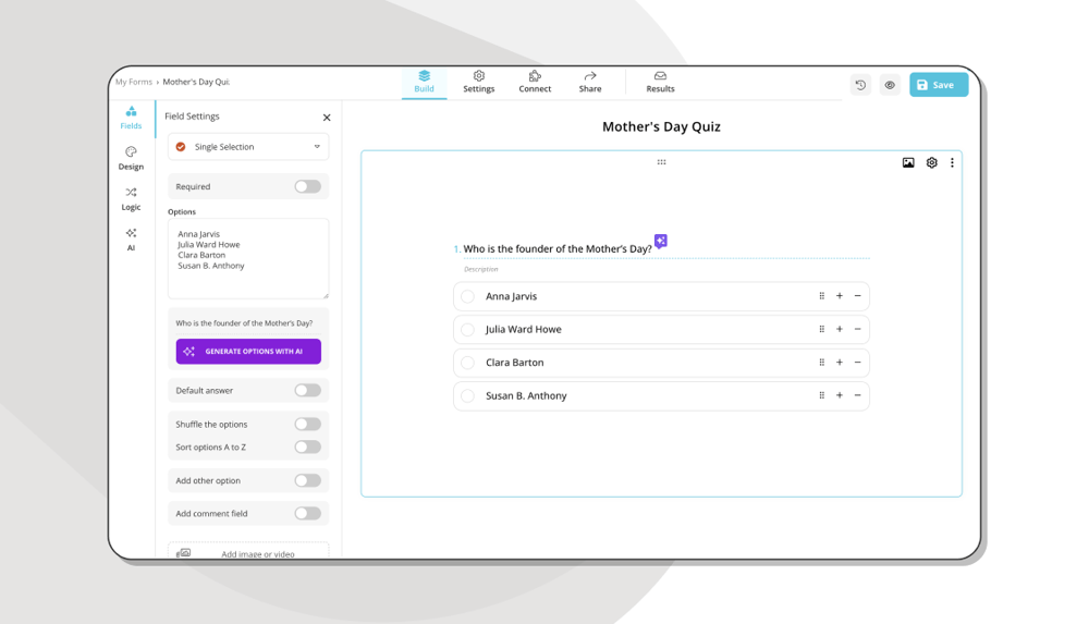 Fügen Sie Ihre Fragen für das Muttertags-Quiz hinzu