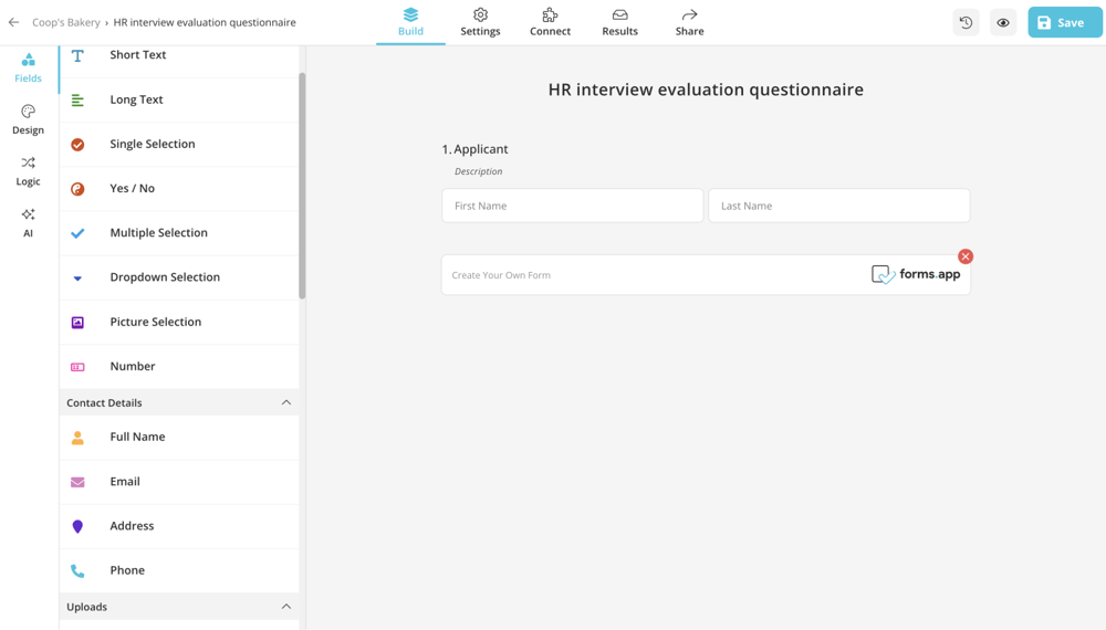 Add questions and fields to your questionnaire