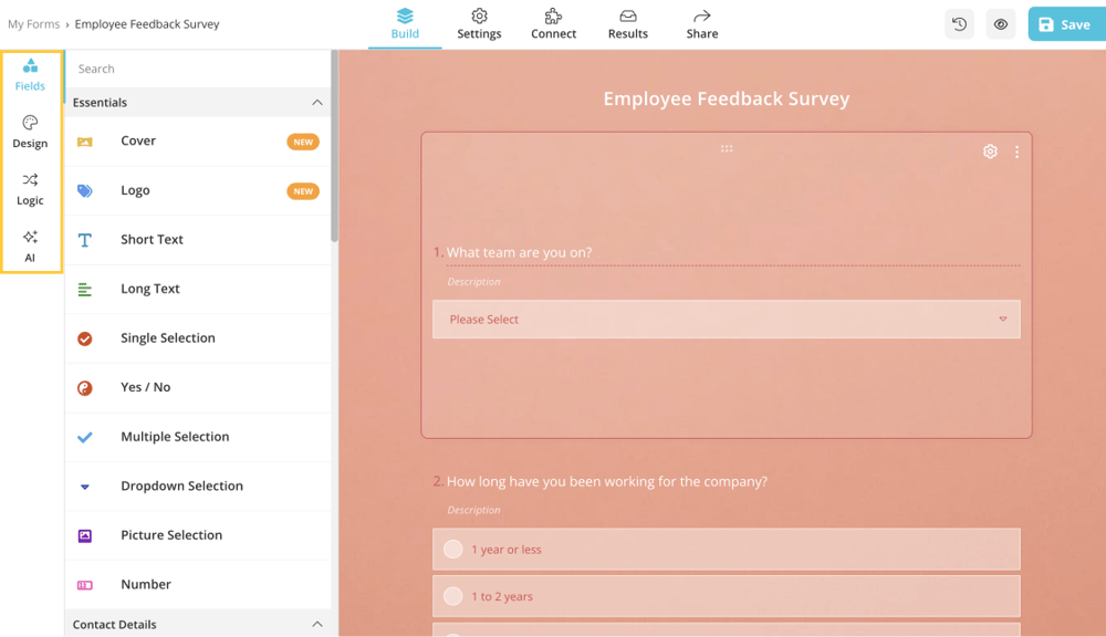 Add questions to your survey and change the design