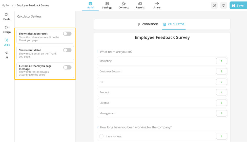 Add conditions and assign points to questions