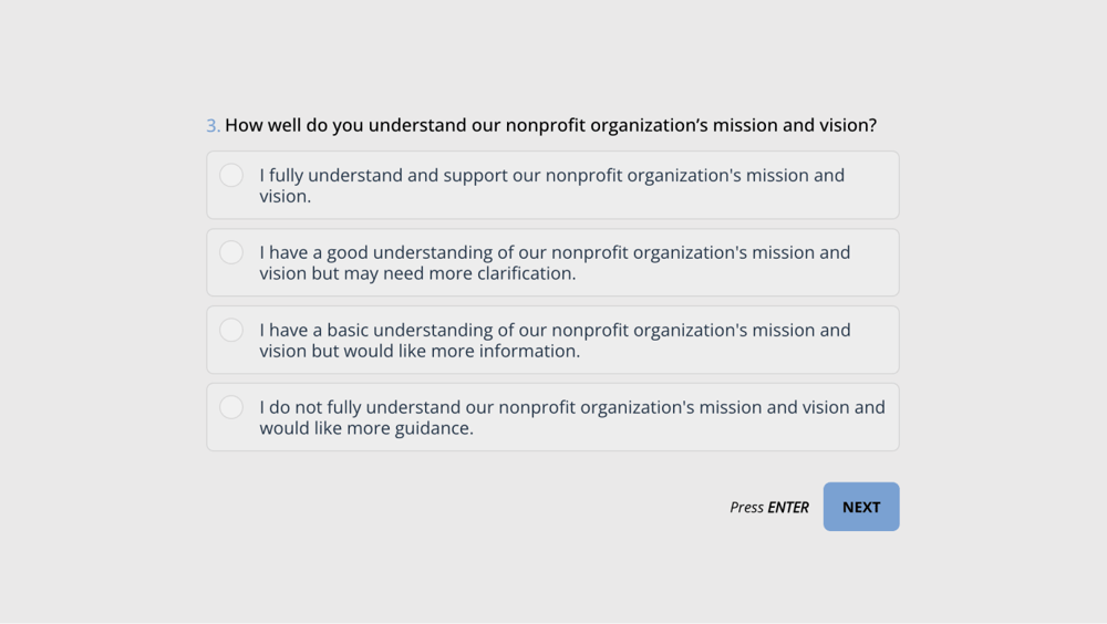 Eine allgemeine Frage für eine Umfrage für Mitglieder von Non-Profit-Organisationen