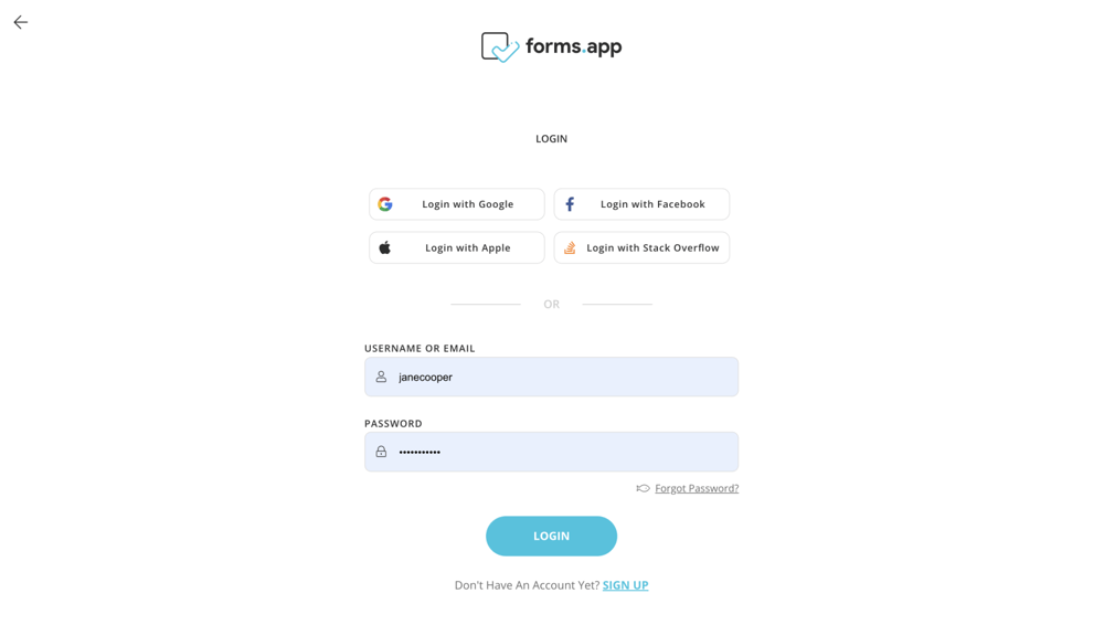 The sign-in page of forms.app