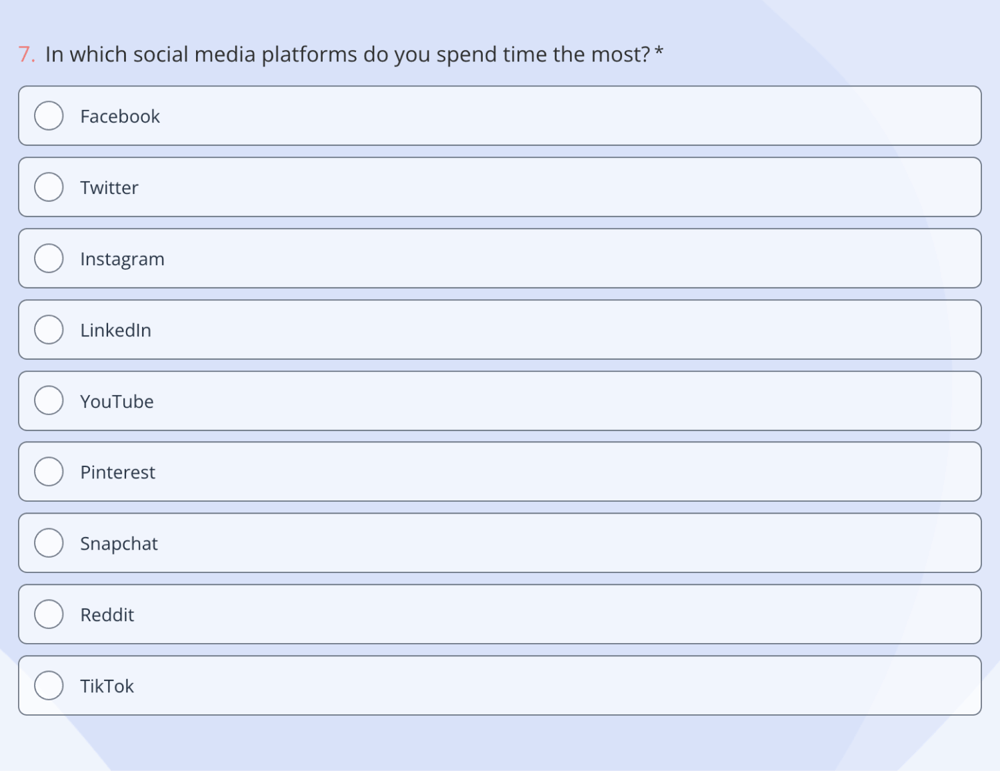 A market research survey question example about social media