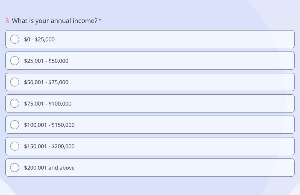 A market research survey question example about income