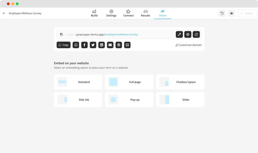 Share the survey link, generate a QR code, or embed it on a web page