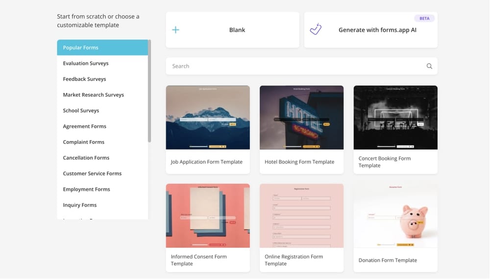 Choose a free template, use forms.app AI, or just start with a blank form
