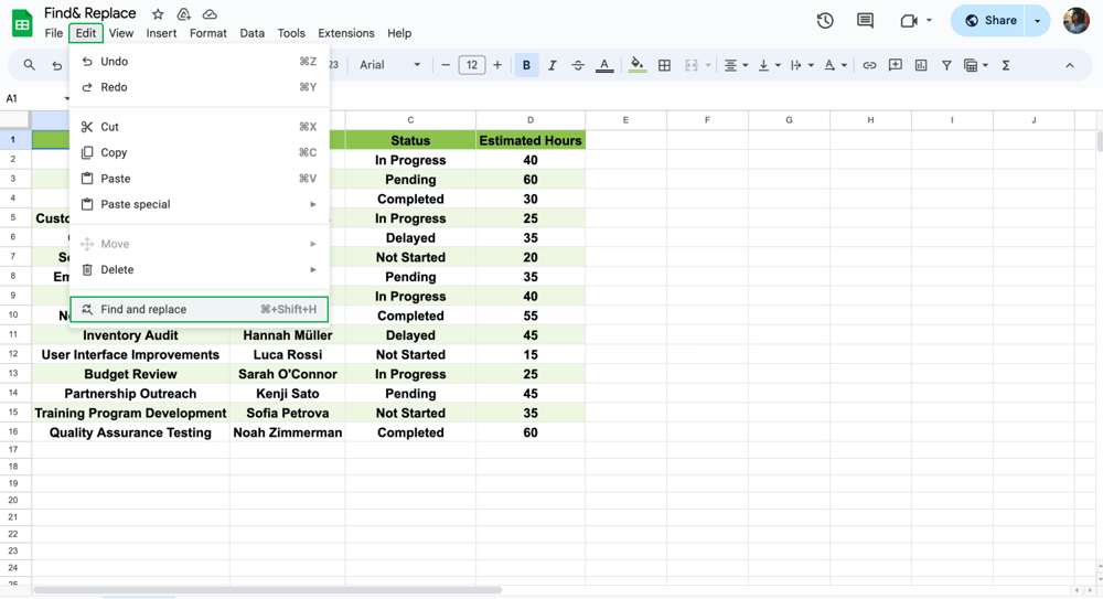 Google Sheets'te Bul &amp; Değiştir kullanın