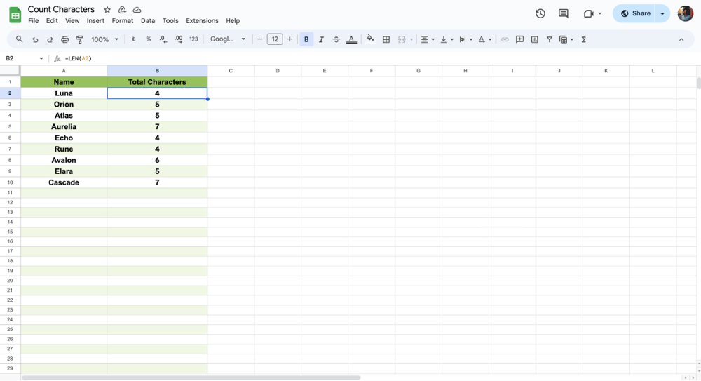 Google Sheets'te karakter sayımı