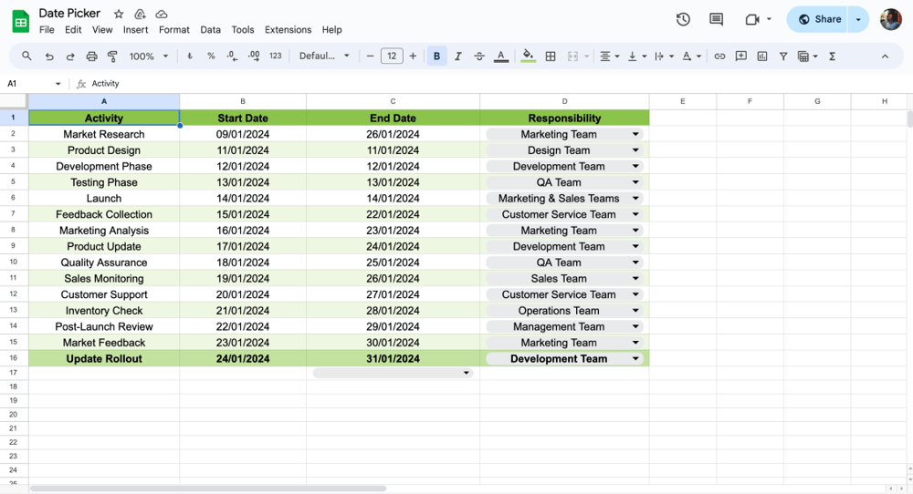 Google Sheets'te tarih seçici