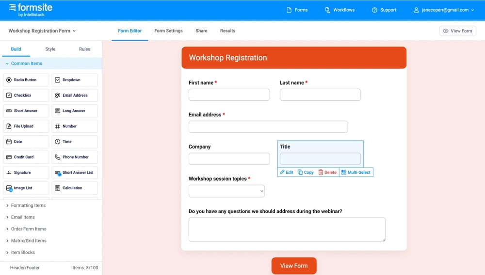 Workspace of Formsite