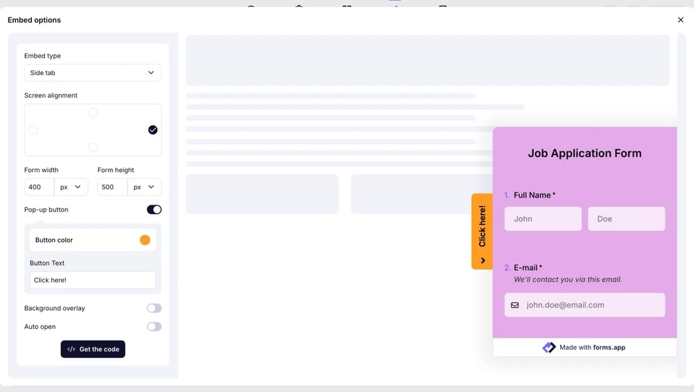 Choose the side tab embedding option