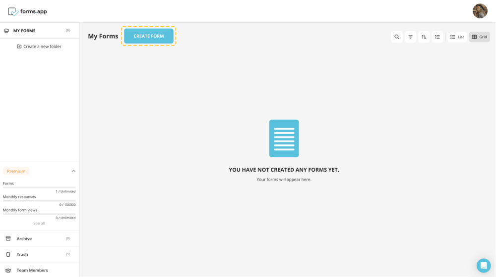 Click on the "Create Form" button to start creating your form