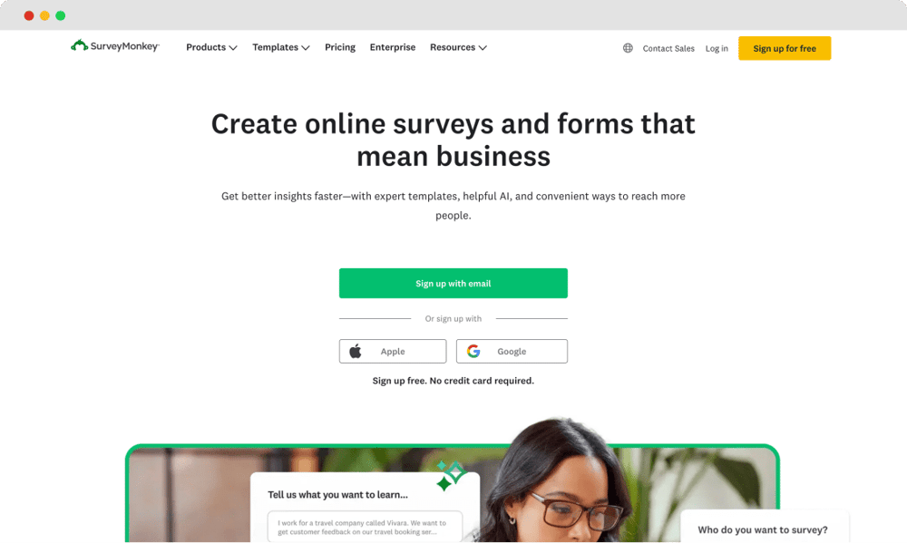 A página inicial do SurveyMonkey