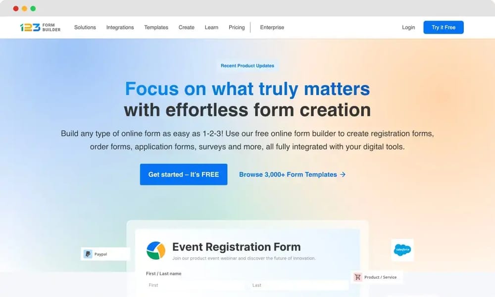 The home page of 123FormBuilder