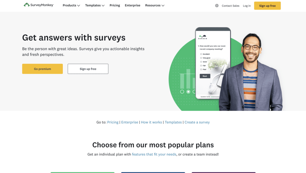 The home page of Survey Monkey