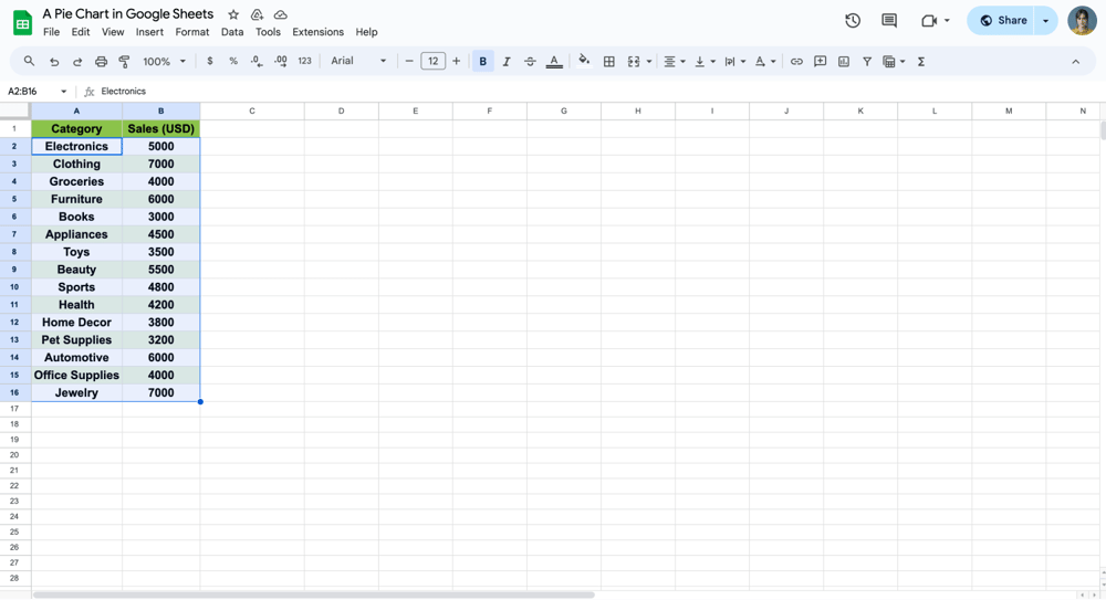 Escolha seus dados para inserir um gráfico de pizza