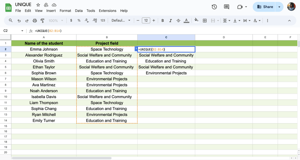 Wenden Sie die UNIQUE-Formel an