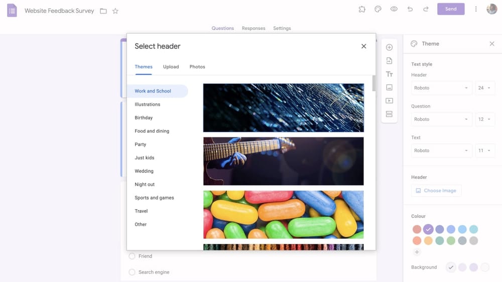 Selecione um tema, foto ou carregue