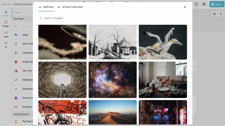 Unsplash ou carregue sua própria capa