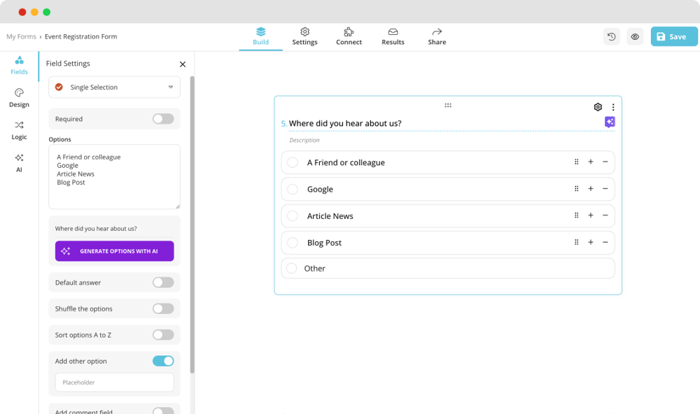 Adding questions and fields to your registration form