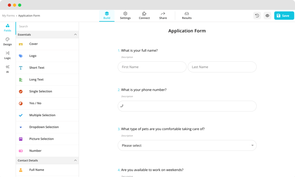 Add questions to your application form