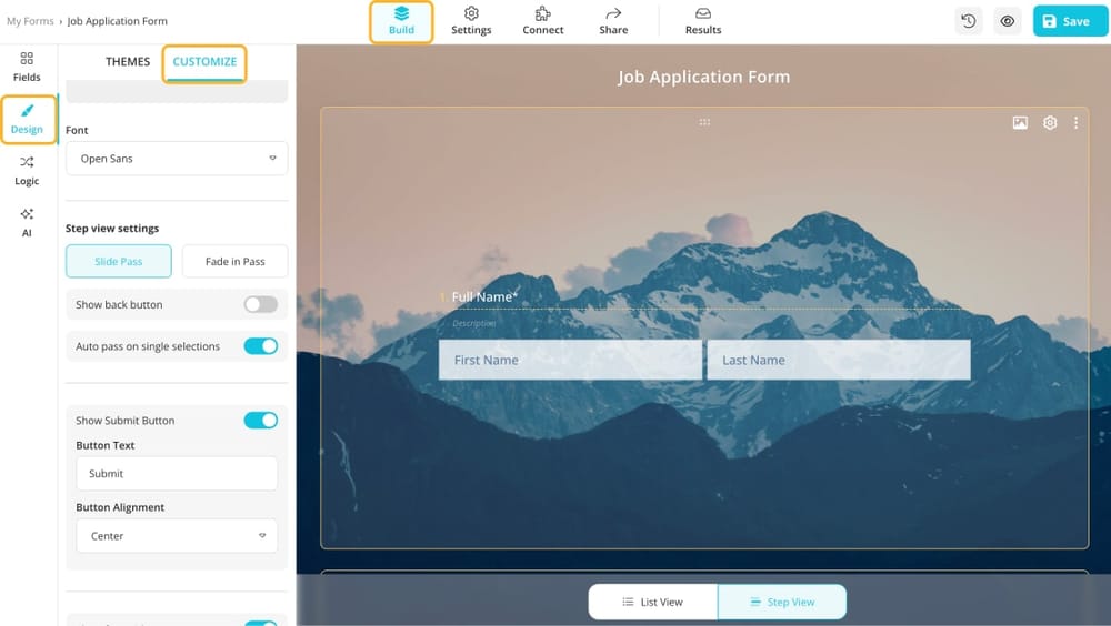 Go to the Customize tab