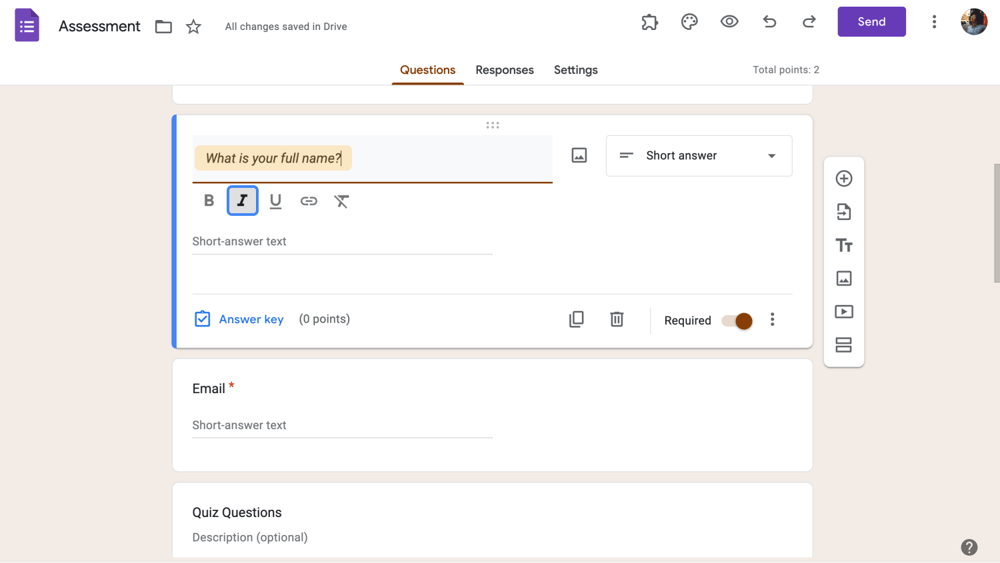 Mettre en italique la question dans Google Forms