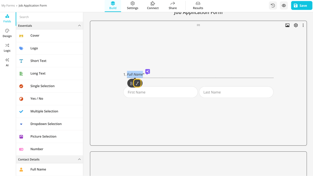Mettre du texte en italique dans forms.app