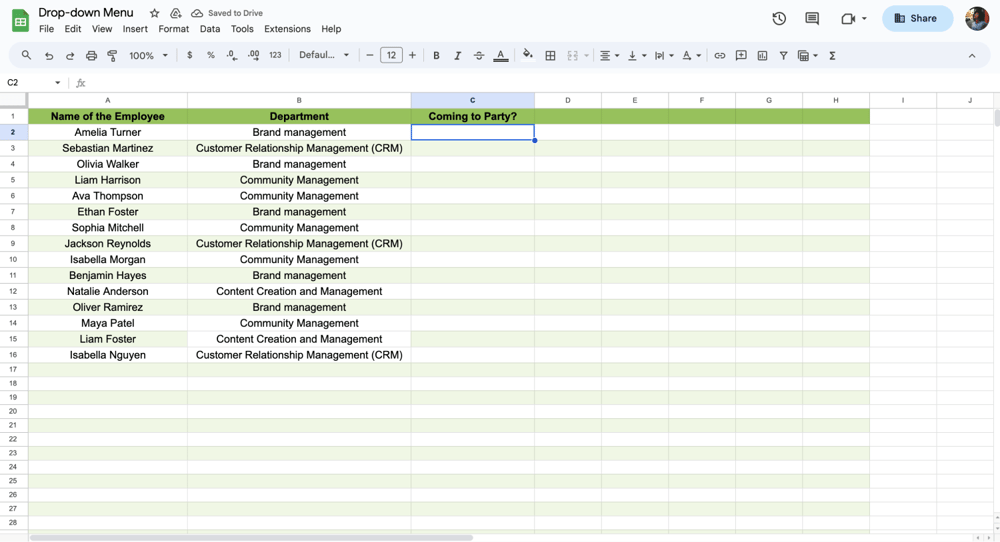 Select the cell for the drop-down menu