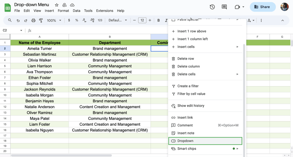 Right-click and choose Dropdown