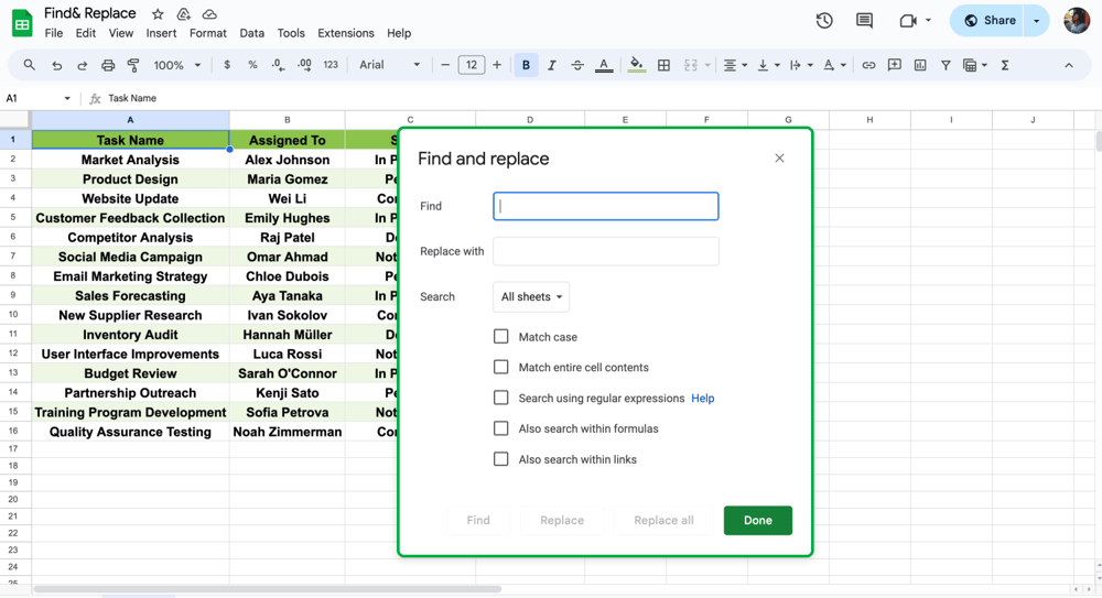 Open the Find and Replace window